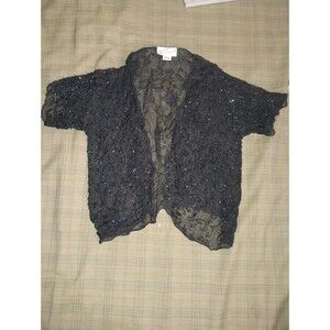 Cejon Black Sequin Sheer Bolero Shrug Mesh Silk Chiffon Cropped Vintage Y2K S M